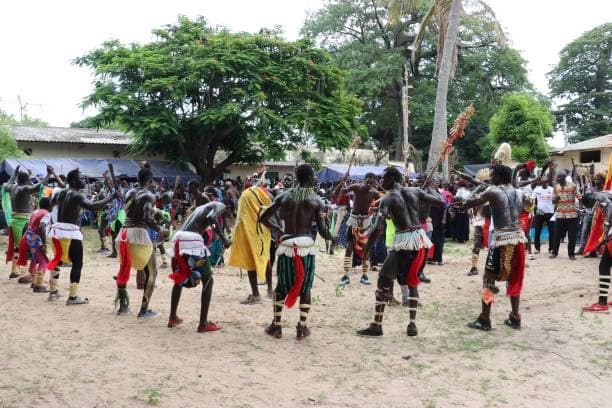 DAKAR, SENEGAL - AUGUST 21: Aborigen men perform ekonkone dance at the forest of Kingdom Oussouye in southern Casamance region of Dakar, Senegal on August 21, 2019. King Sibilumbai Diedhiou leads the Kingdom Oussouye. (Photo by Alaattin Doru/Anadolu Agency via Getty Images)
